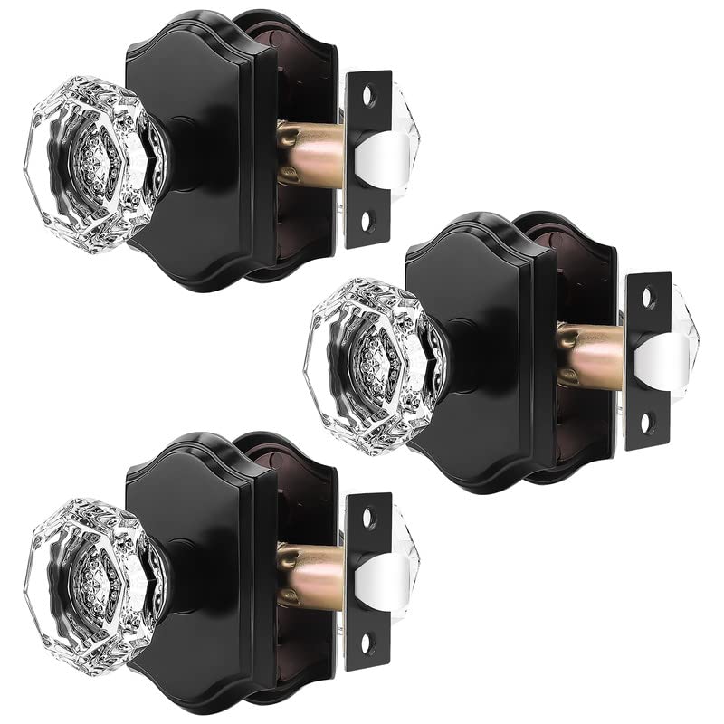 Orger Passage Door Knobs for Hallway and Closet, Glass Door Handles with Non-Locking Latch, Octagonal Clear Crystal Door Knobs 3 Pack, Black Vintage Rosette with Heavy Duty Crystal - Image 1